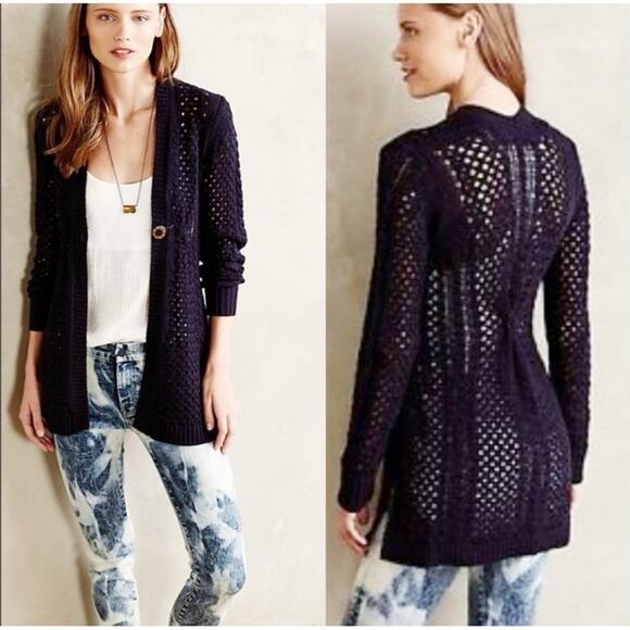 ANTHROPOLOGIE Rosie Neira Talmage Navy Blue Basket & Cable Knit Cardigan Small - Picture 1 of 7